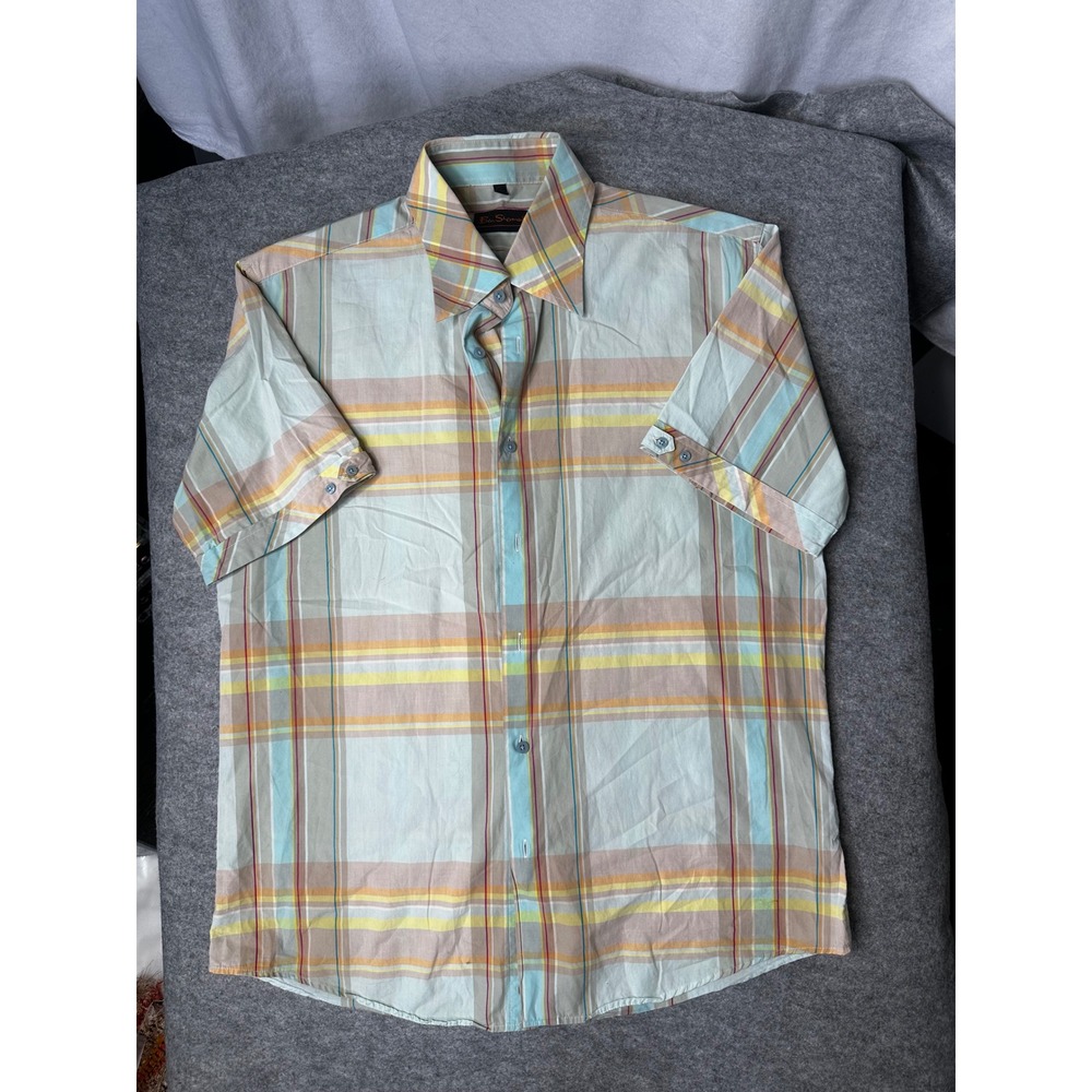 Ben Sherman Mens Large Short Sleeve Button Down Shirt Plaid Blue‎ Yellow Orange